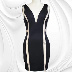 Solemio black nude-color sheer accents deep plunge dress